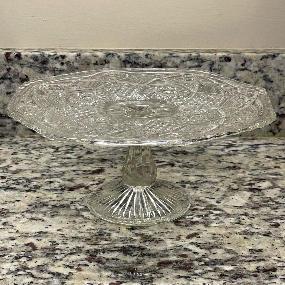 Vintage Pressed Glass Cake Stand w/Ornate Geometric Design & Pedestal - Picture 15 of 15
